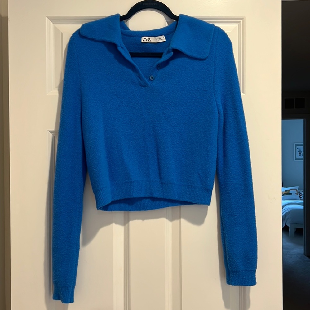 Zara blue cropped collared sweater